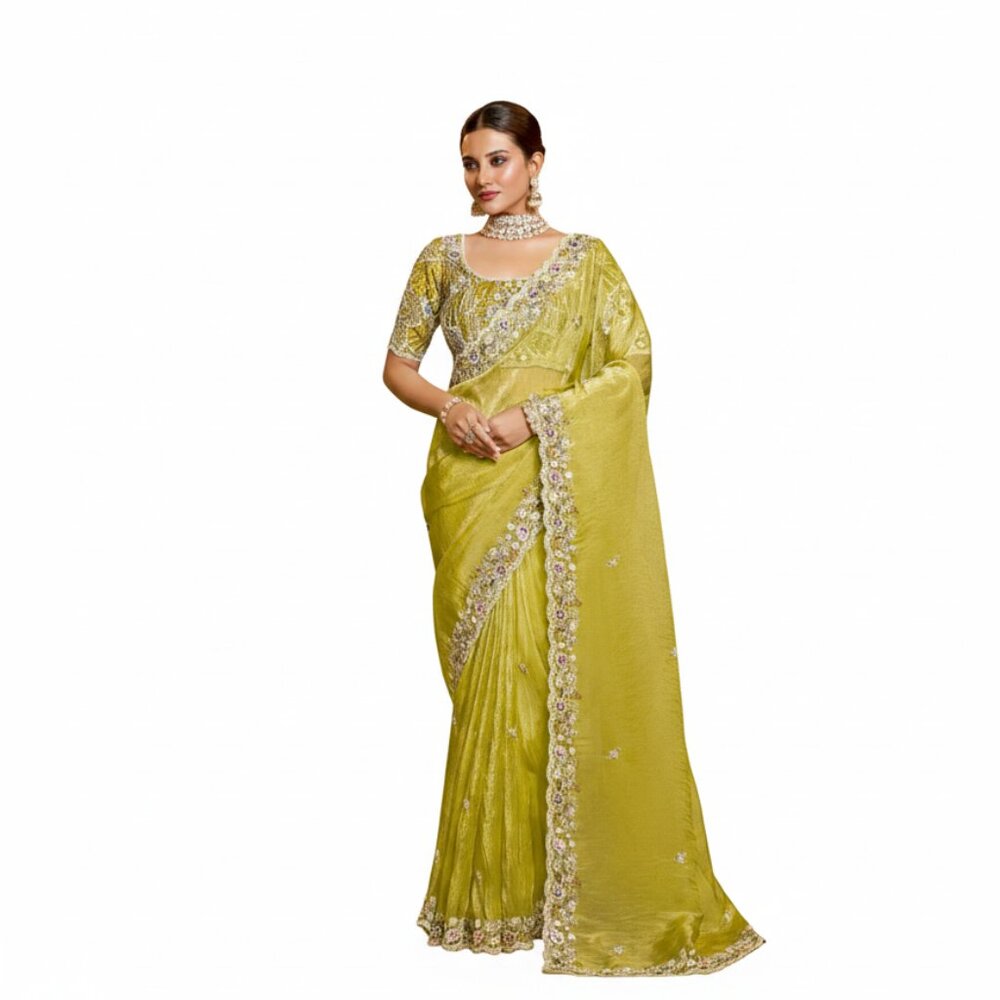 Exquisite Women's Yellow Organza Satin Embroidered Saree